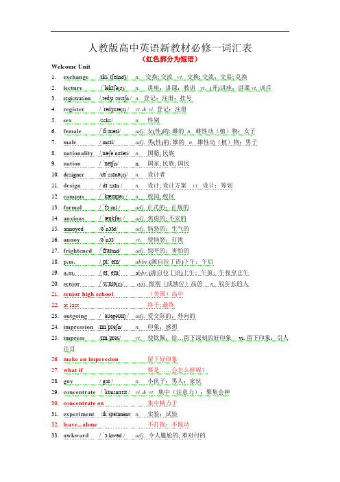 新高中英语 必修1  unit1-5 单元词汇表(带音标)