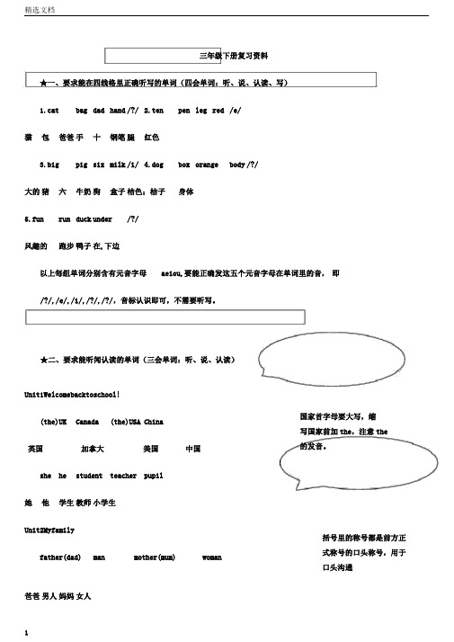 新版人教版pep小学英语三年级(下册)期末总复习知识点归纳