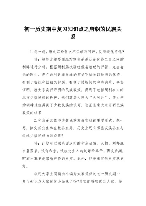 初一历史期中复习知识点之唐朝的民族关系