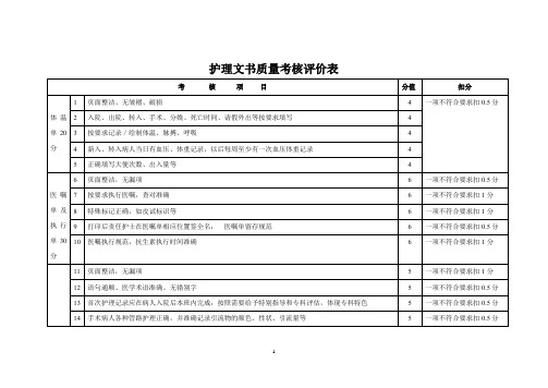 护理文书质量考核评价表