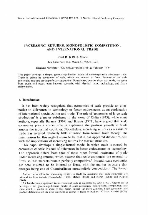 Increasing returns, monopolistic competition, and international trade