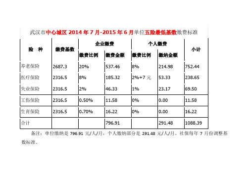 武汉中心城区2006年7月至2015年6月社保最低基数缴费标准