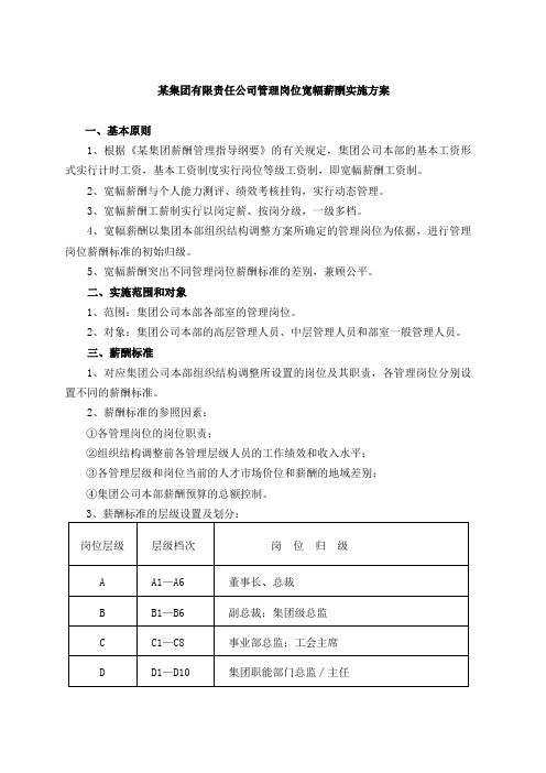 某集团有限责任公司管理岗位宽幅薪酬实施方案(DOC 6页)