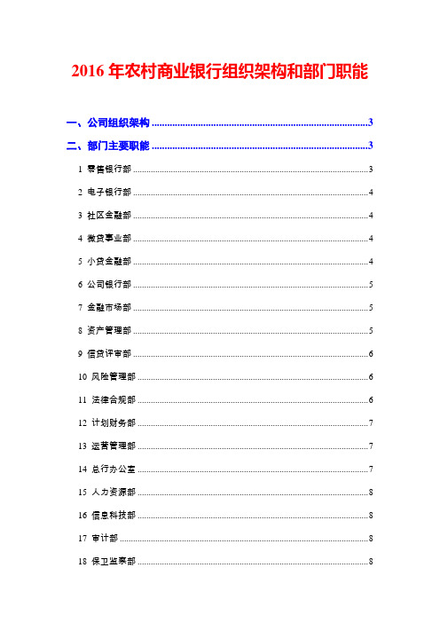 2016年农村商业银行组织架构和部门职能