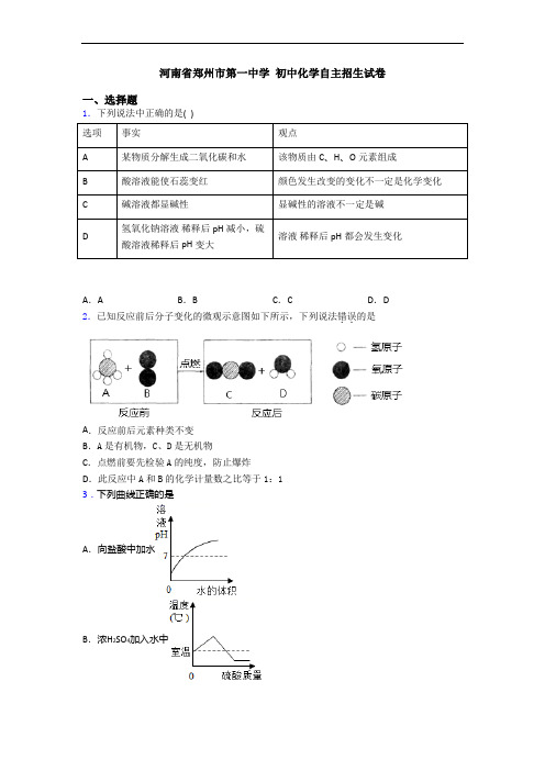 河南省郑州市第一中学 初中化学自主招生试卷