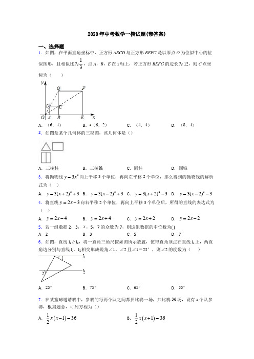 2020年中考数学一模试题(带答案)
