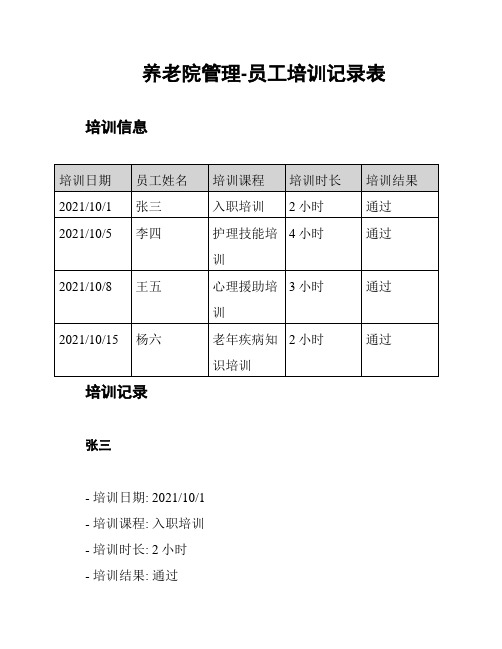 养老院管理-员工培训记录表