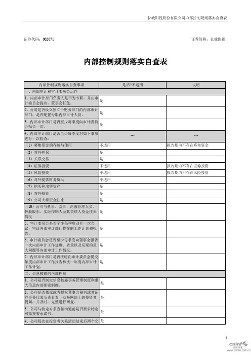 长城影视：内部控制规则落实自查表