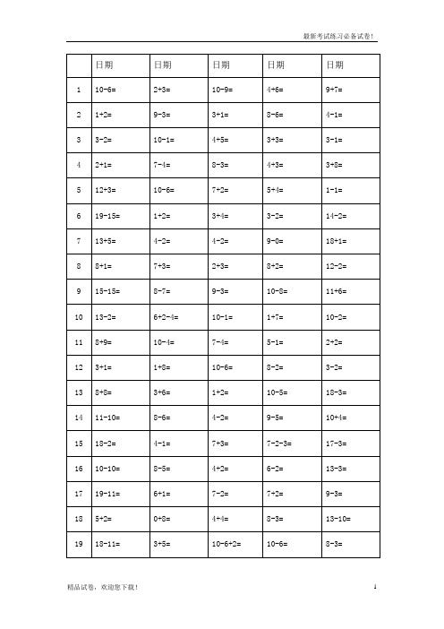 2019-2020学年度部编本小学一年级上册口算寒假作业题