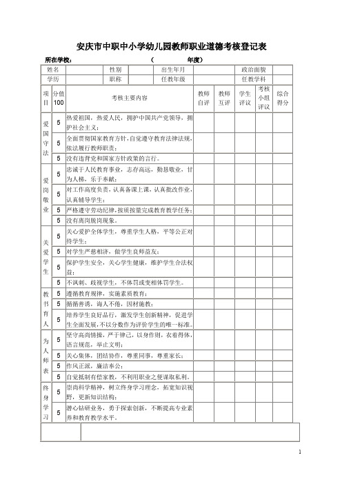 安庆中职中小学幼儿园教师职业道德考核登记表