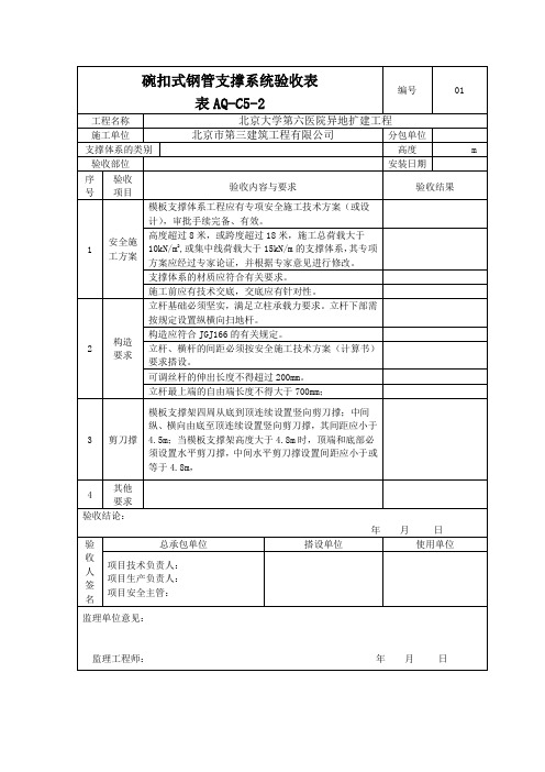 碗扣式钢管支撑系统验收表