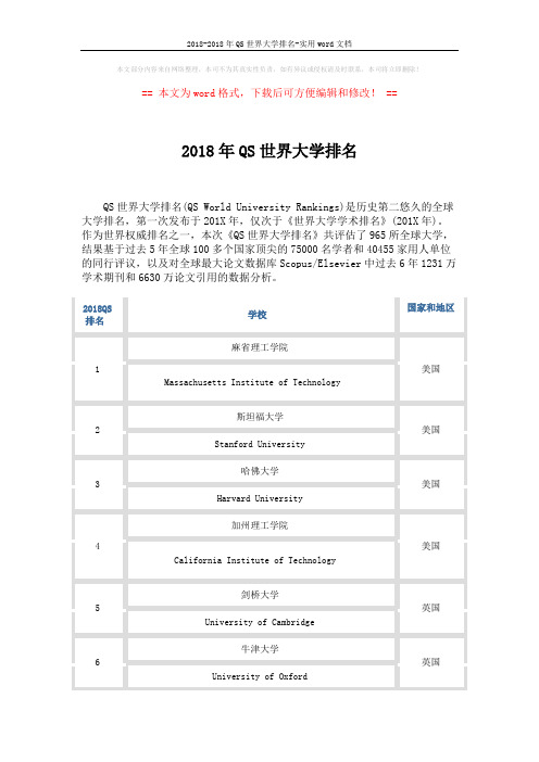 2018-2018年QS世界大学排名-实用word文档 (11页)