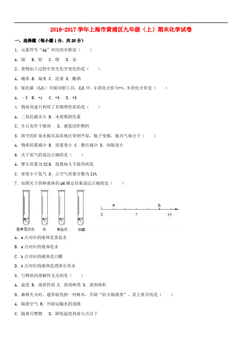 上海市黄浦区九年级化学上学期期末试卷(含解析) 沪教版