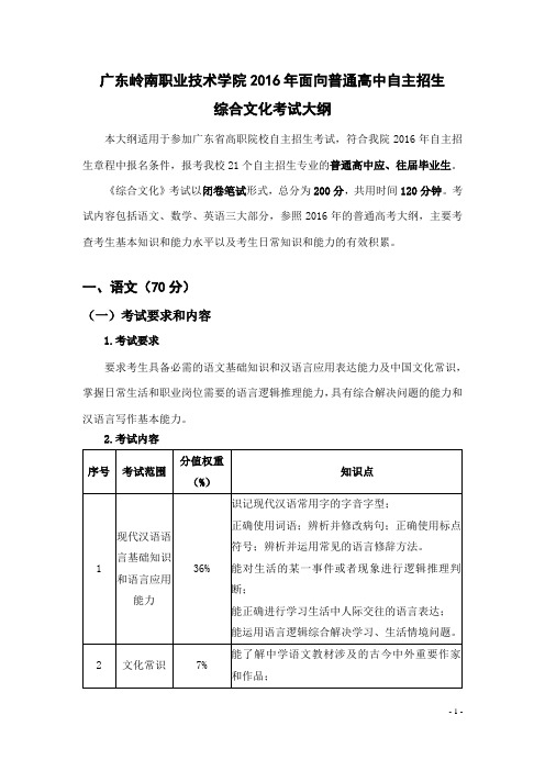 广东岭南职业技术学院2016年面向普通高中自主招生