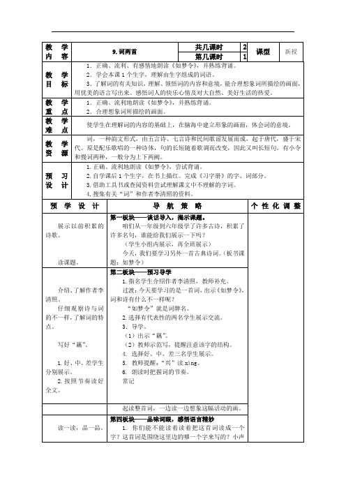 小学语文六年级下册表格式教案：9.词两首1