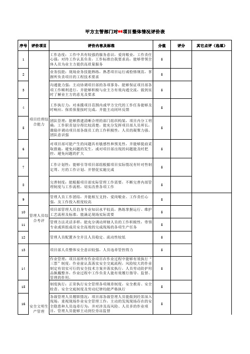 年终对项目整体情况评价表(绩效考评)