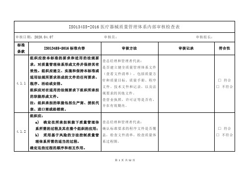 ISO13485-2016医疗器械质量管理体系内部审核检查表