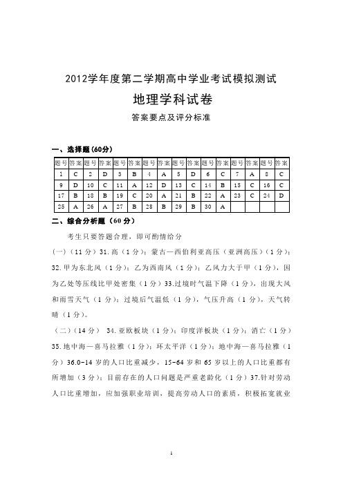 杨浦区高一地理学科测试卷答案2013.5