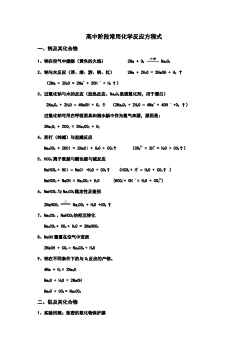 高中阶段常用化学反应方程式38385