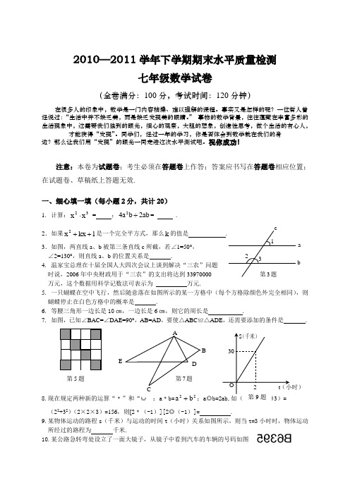 2010-2011北师大版七年级下册数学期末试卷及答案