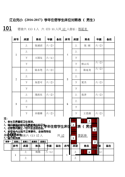 住宿学生床位对照表(16-17)