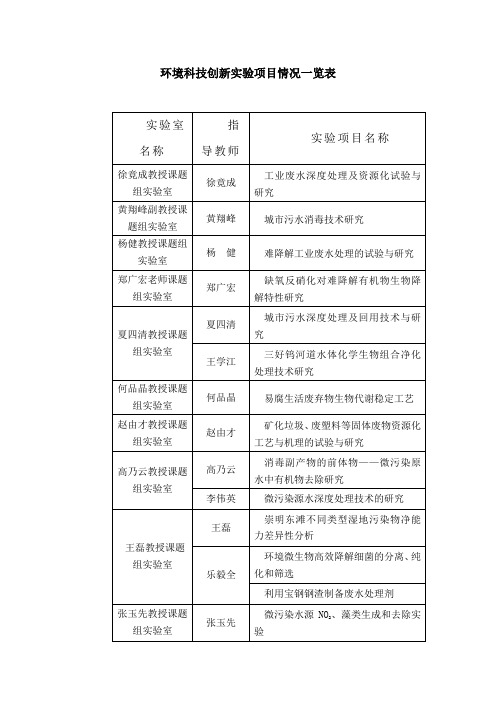 环境科技创新实验项目情况一览表