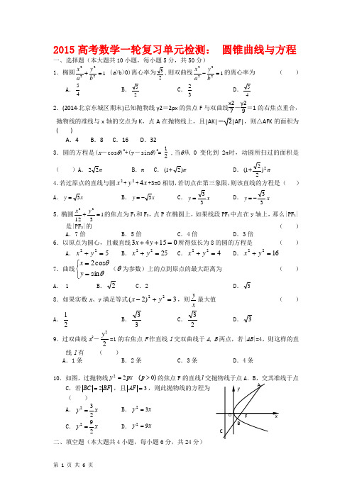 2015高考数学一轮复习单元检测： 圆锥曲线与方程(新人教A版选修1-1)