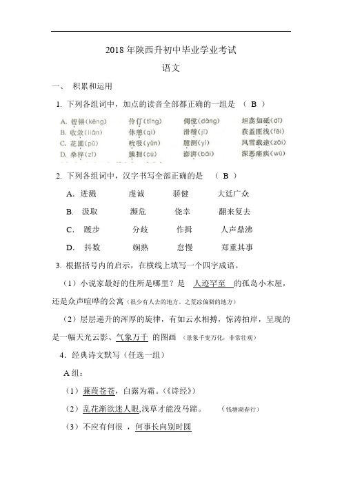 2018年陕西省中考语文试卷(WORD版及答案)