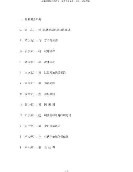 人教部编版小学语文一年级下册偏旁、结构、词语积累、