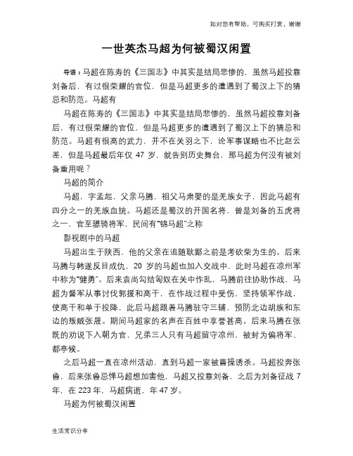 历史趣谈一世英杰马超为何被蜀汉闲置