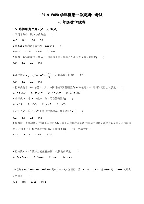 湖北省武汉市汉阳区2019-2020学年度第一学期七年级数学期中试卷