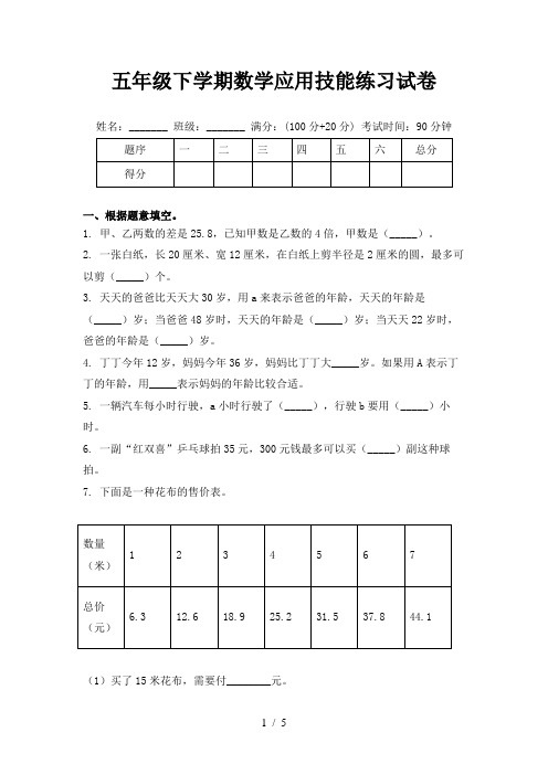 五年级下学期数学应用技能练习试卷