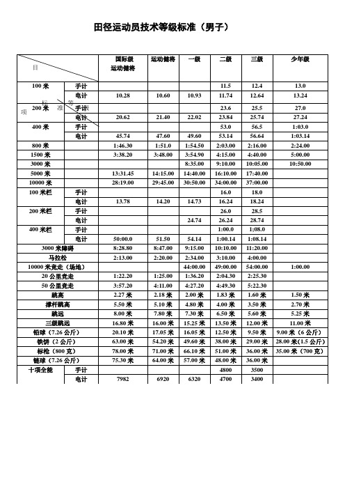 田径运动员技术等级标准男子