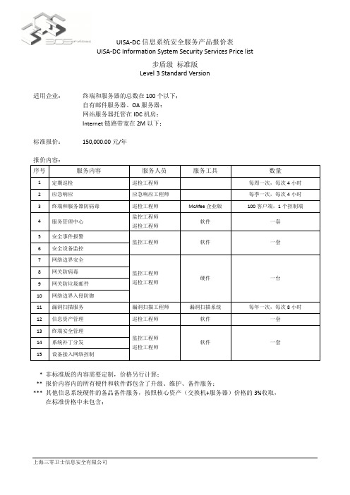 信息系统安全服务产品报价表