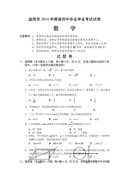 2014年湖南省益阳市中考数学试题(含答案)