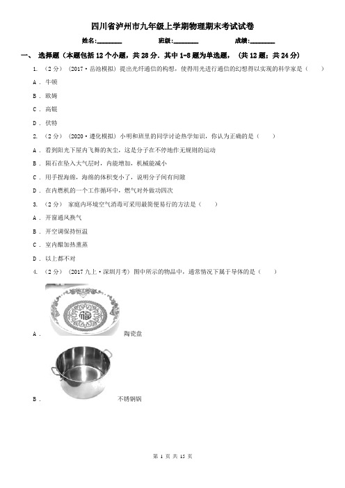 四川省泸州市九年级上学期物理期末考试试卷