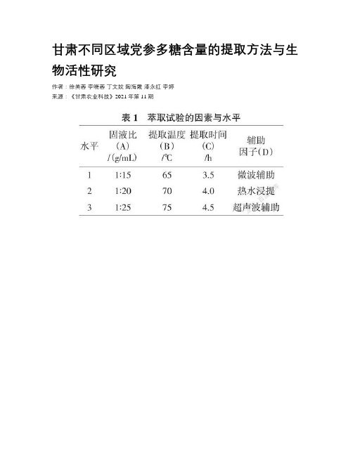 甘肃不同区域党参多糖含量的提取方法与生物活性研究