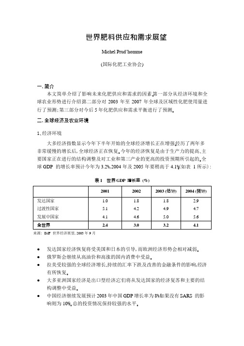世界肥料供应和需求展望