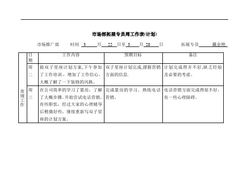 市场部拓展专员周工作表计划