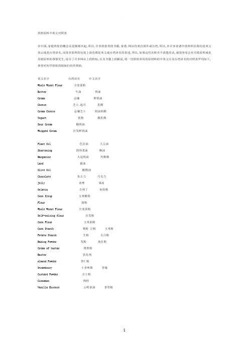 烘焙原料中英文对照表