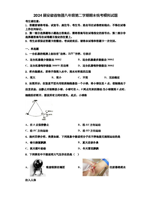 2024届安徽省物理八年级第二学期期末统考模拟试题含解析