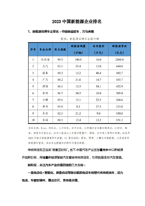 2023中国新能源企业排名