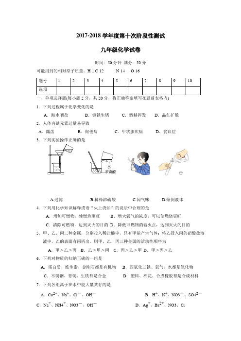 新星城南学校2018届九年级第十次阶段测试化学试题(附答案)