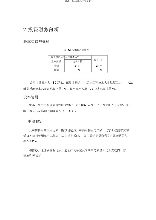 创业计划书财务样表分析