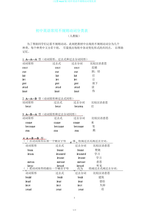 (完整word版)初中英语不规则动词变化表