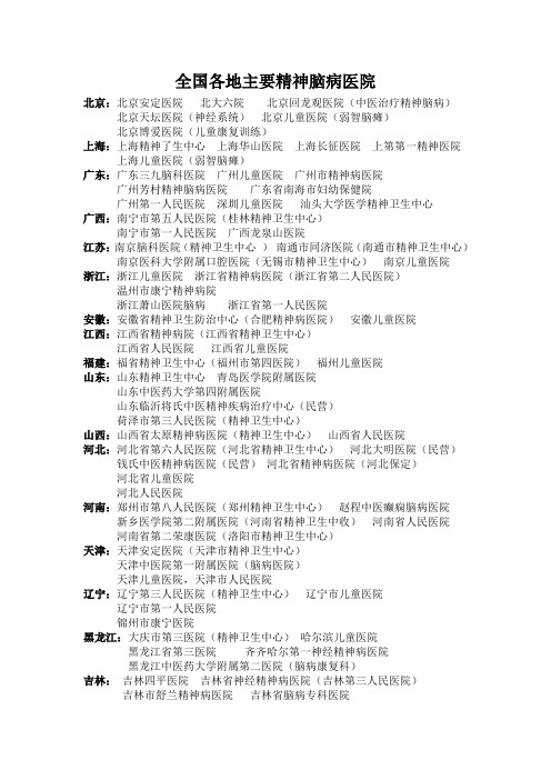 全国各地区主要精神脑病医院