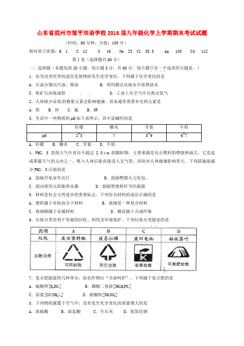 山东省滨州市邹平双语学校2016届九年级化学上学期期末考试试题