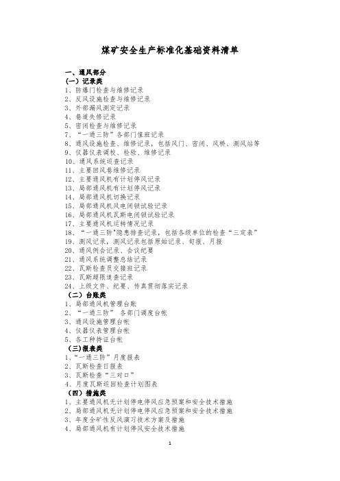 煤矿安全生产标准化基础资料清单