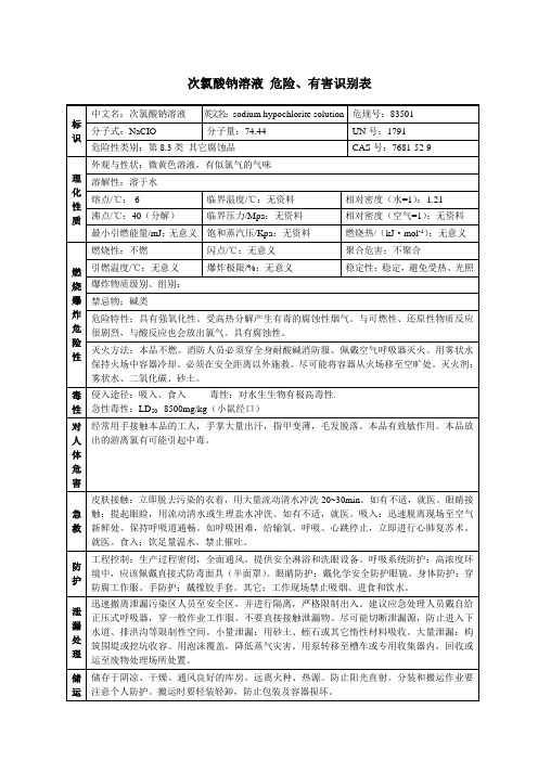 次氯酸钠溶液 危险、有害识别表