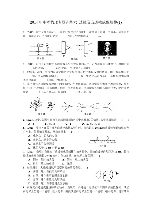 2014年中考物理专题训练六 透镜及凸透镜成像规律(1)